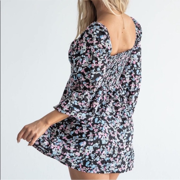 Princess Polly Kassie Long Sleeve Smocked Mini Dress Black Floral 2 - Picture 3 of 16